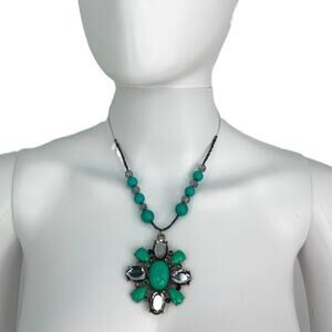 Vintage Teal Gray Resin Cabochon Pendant Beaded Necklace